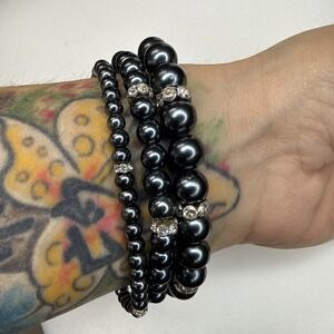 Vintage Black Glass Faux Pearl Stretch Bracelets Set 3 Rhinestone Stackable
